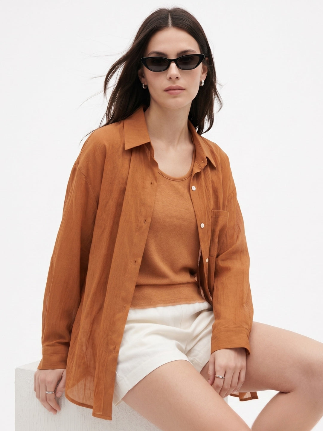 Orange Full Sleeve 2Piece Semi Sheer Shirt With Top