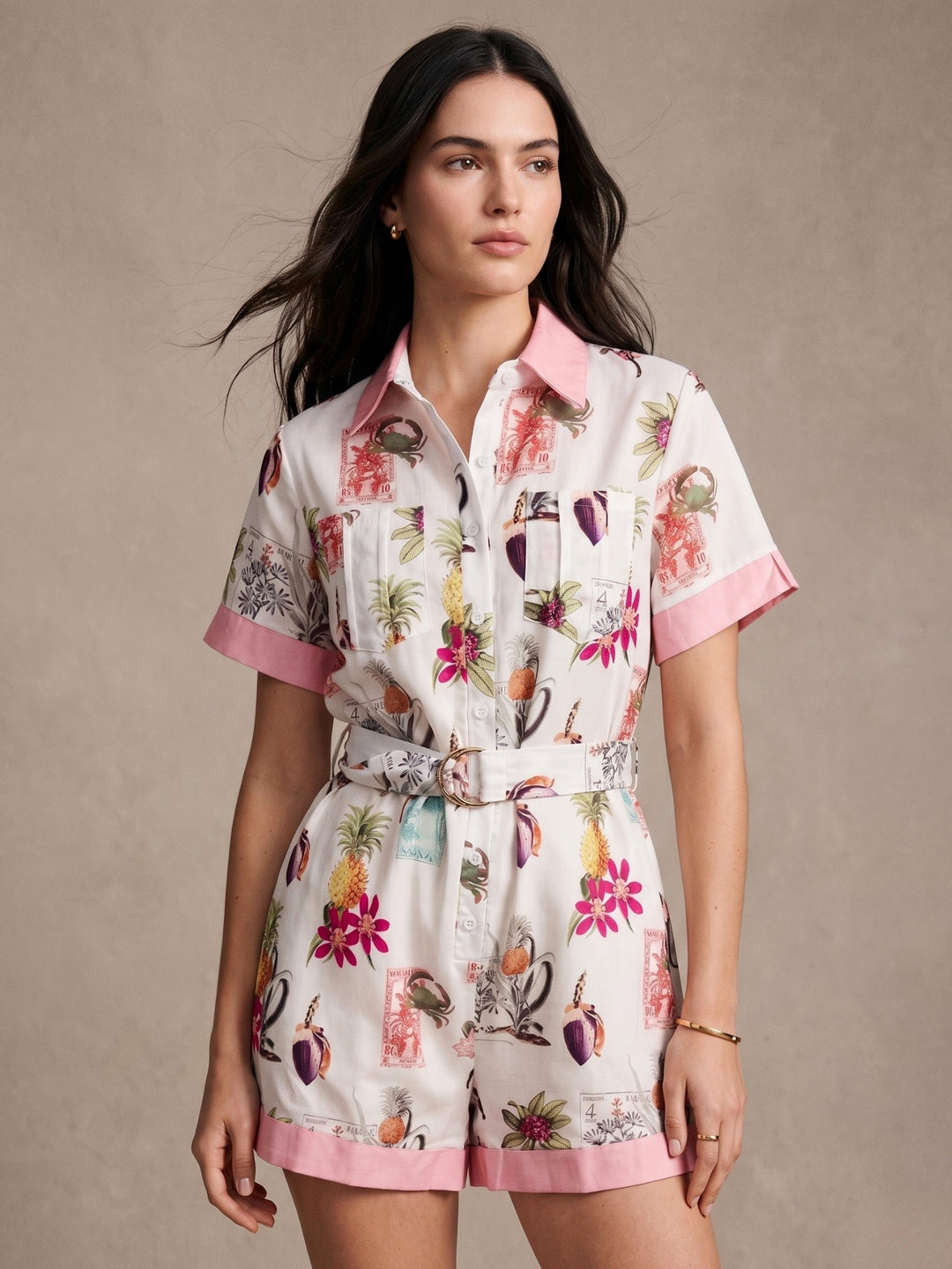 White Printed Collared Neck Waist Tie-Up Jumpsuits