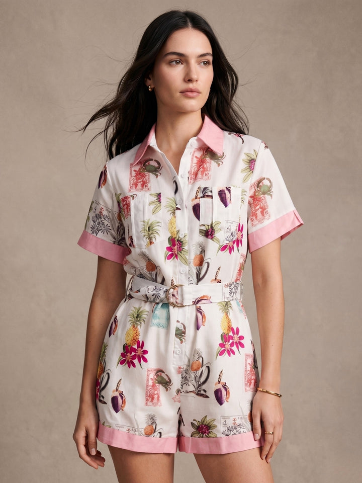 White Printed Collared Neck Waist Tie-Up Jumpsuits