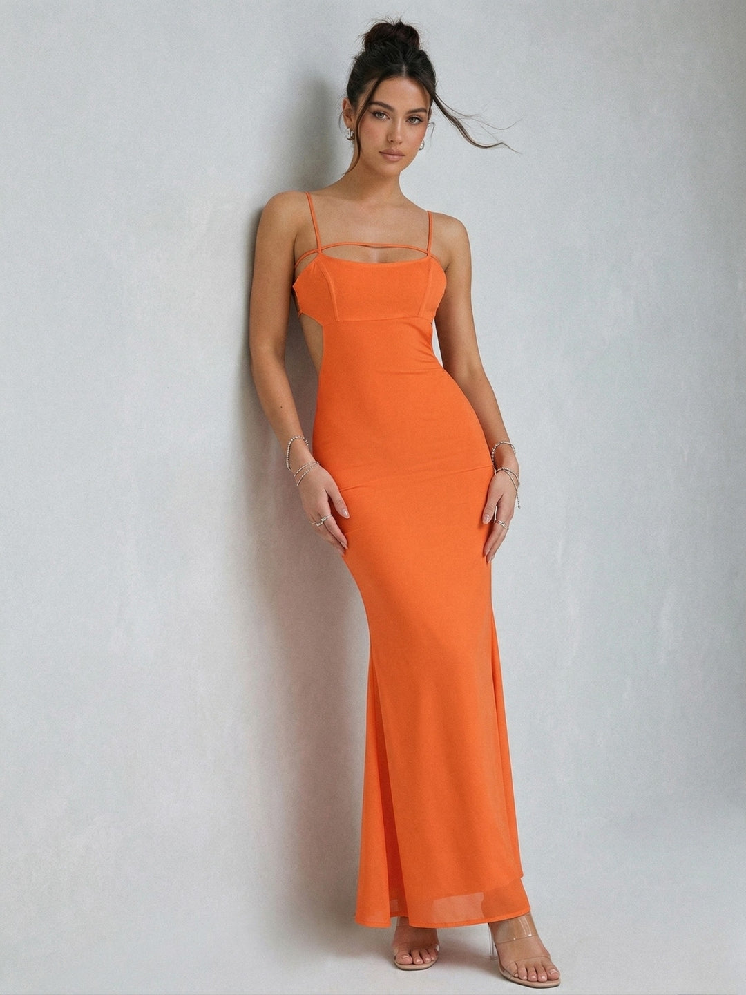 Orange Open Back Cut-Out Mesh Dress
