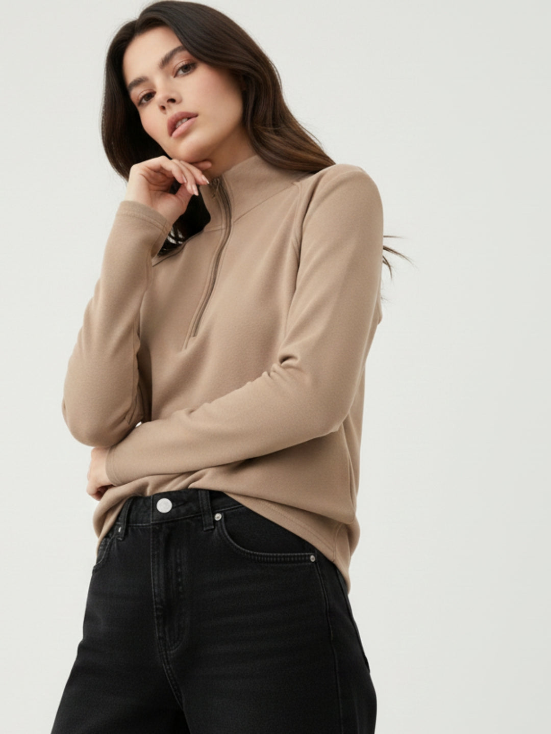Beige Full Sleeves Half Zip Sweatshirt