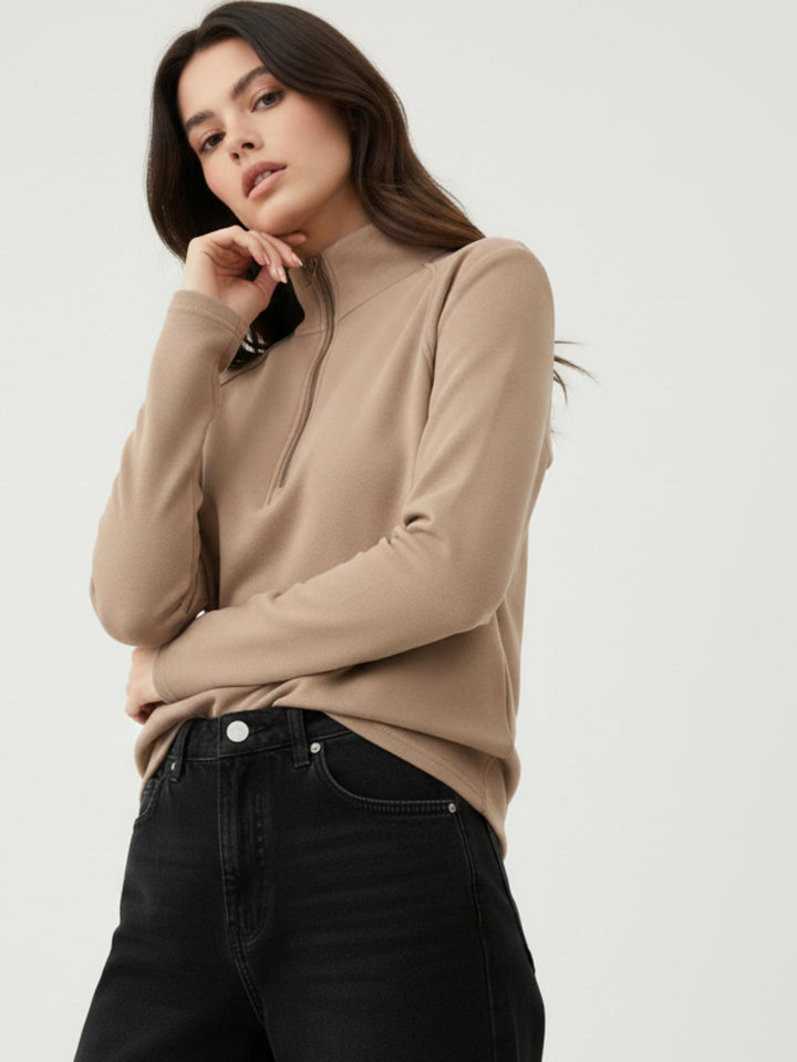 Beige Full Sleeves Half Zip Sweatshirt