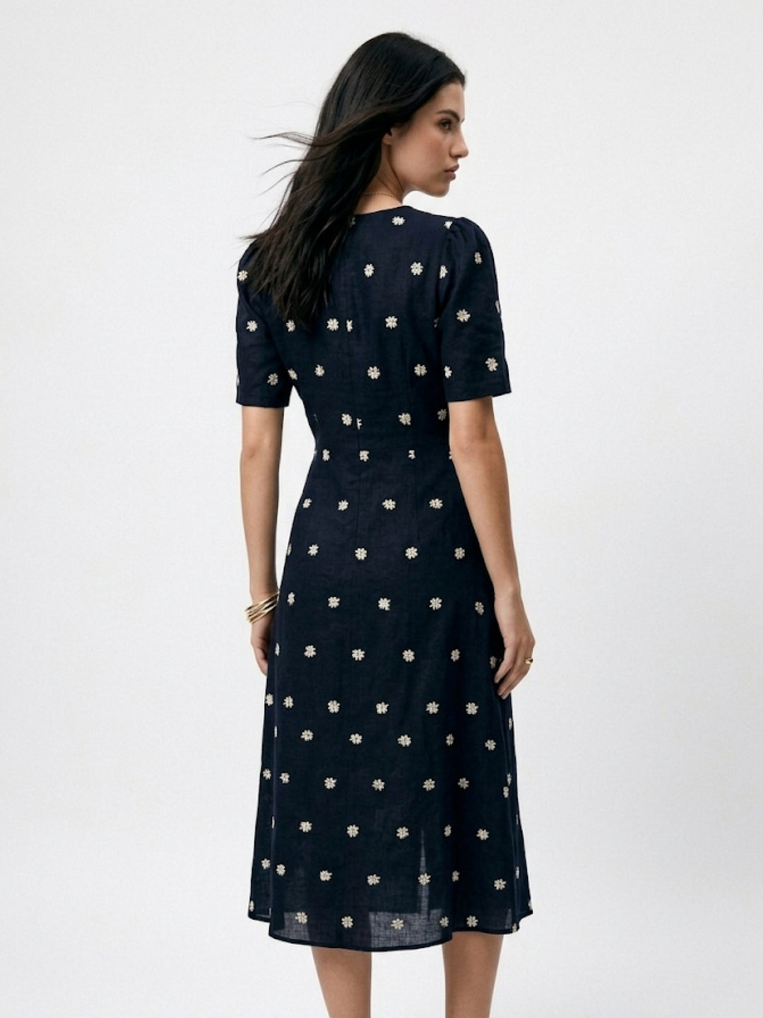Navy Blue Short Sleeve Printed Slit Dress