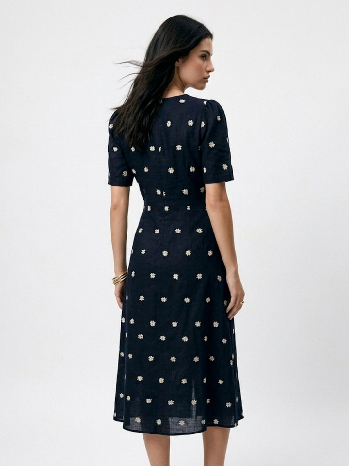 Navy Blue Short Sleeve Printed Slit Dress