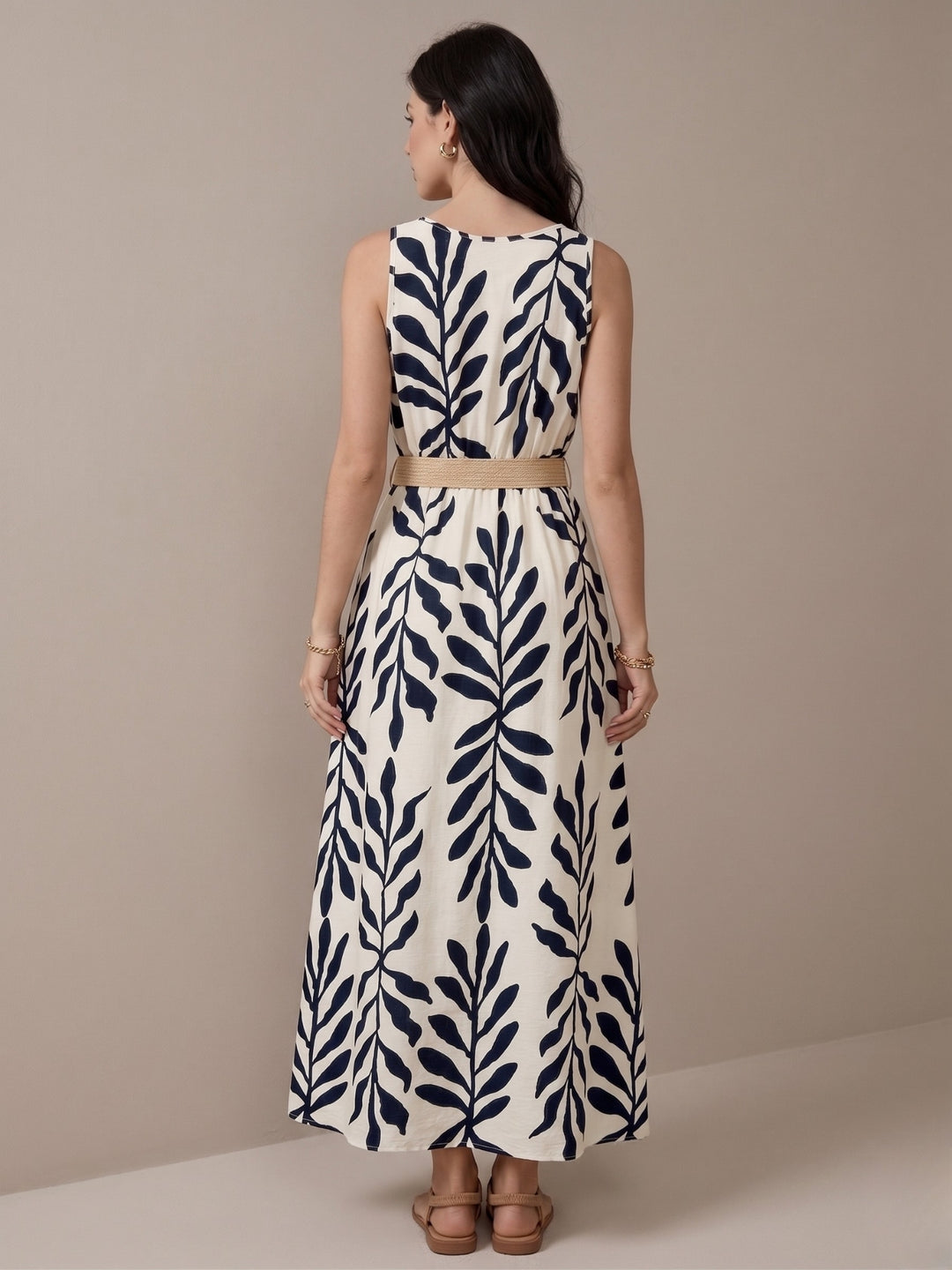 White Sleeveless Slit Printed Dress