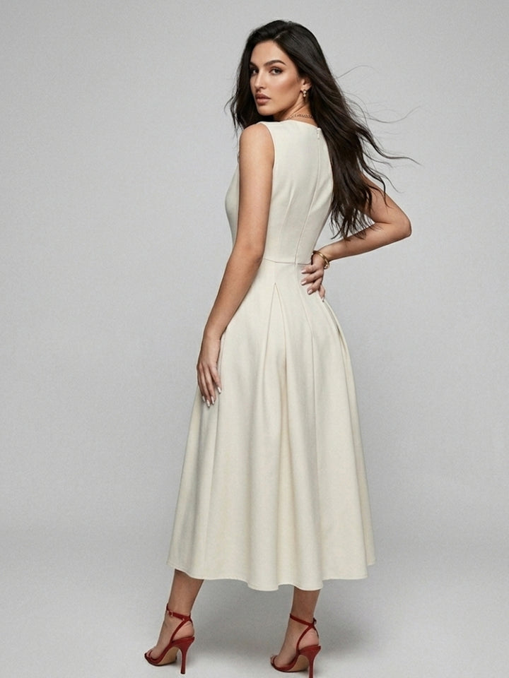 Off White Sleeveless V-Neck Dress