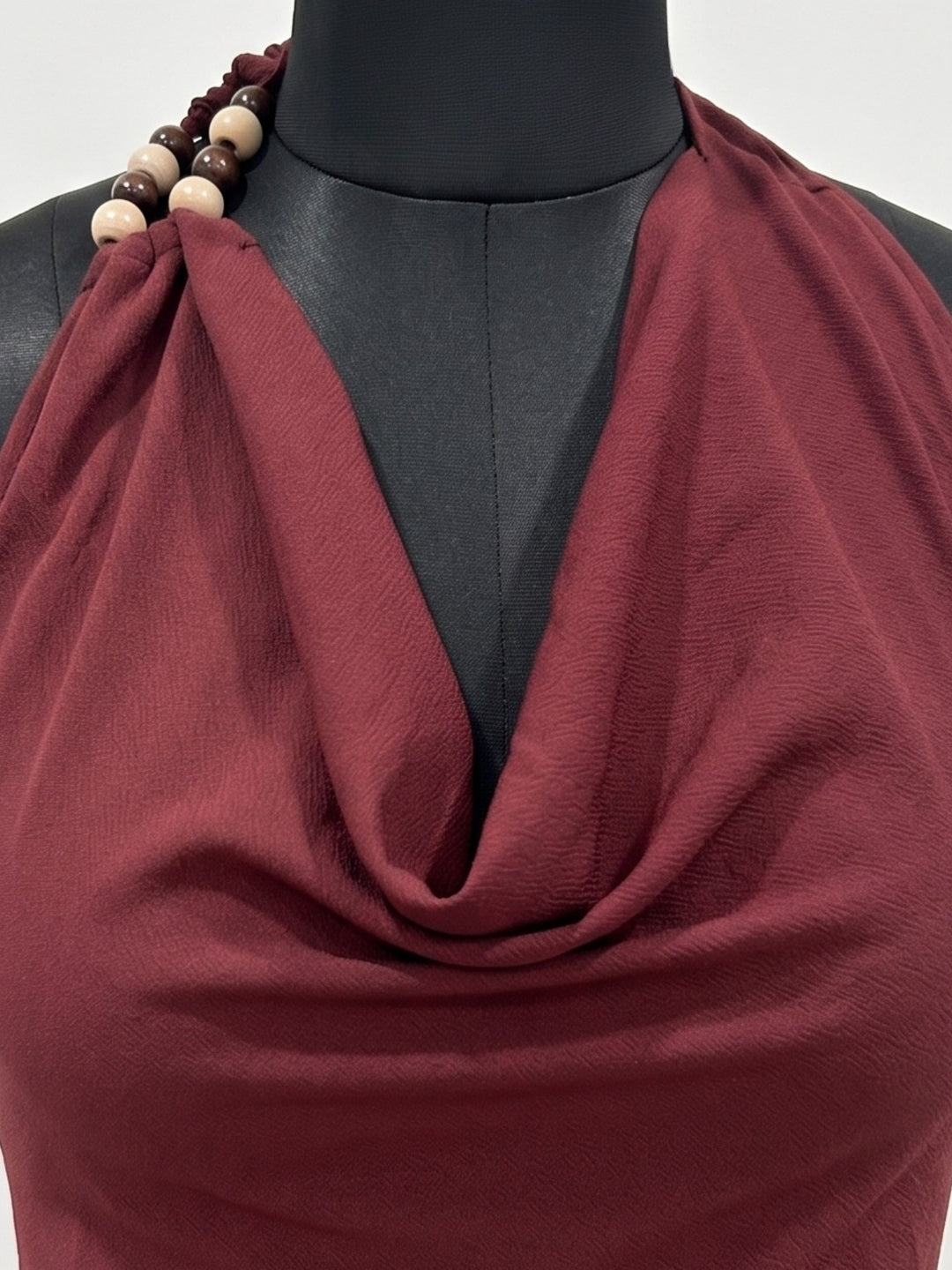 Maroon Cowl Neck Mini Length Dress With Ruffles And Beads Detailing In Textured Rivera Crepe Fabric