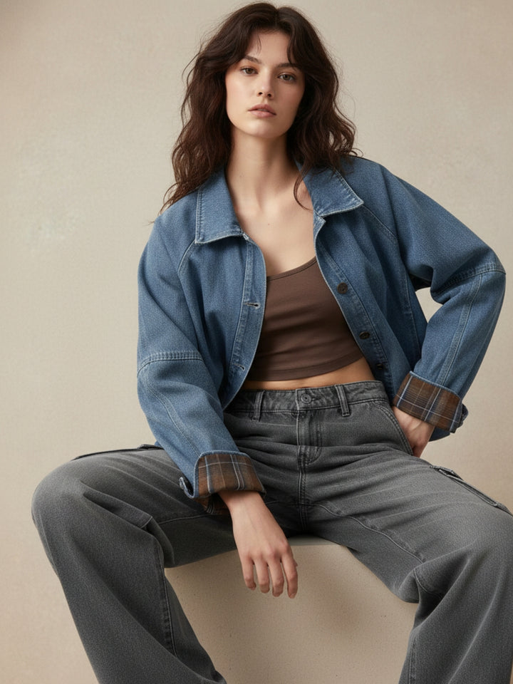 Blue Raglan Style Jacket With Checkered Cuffs