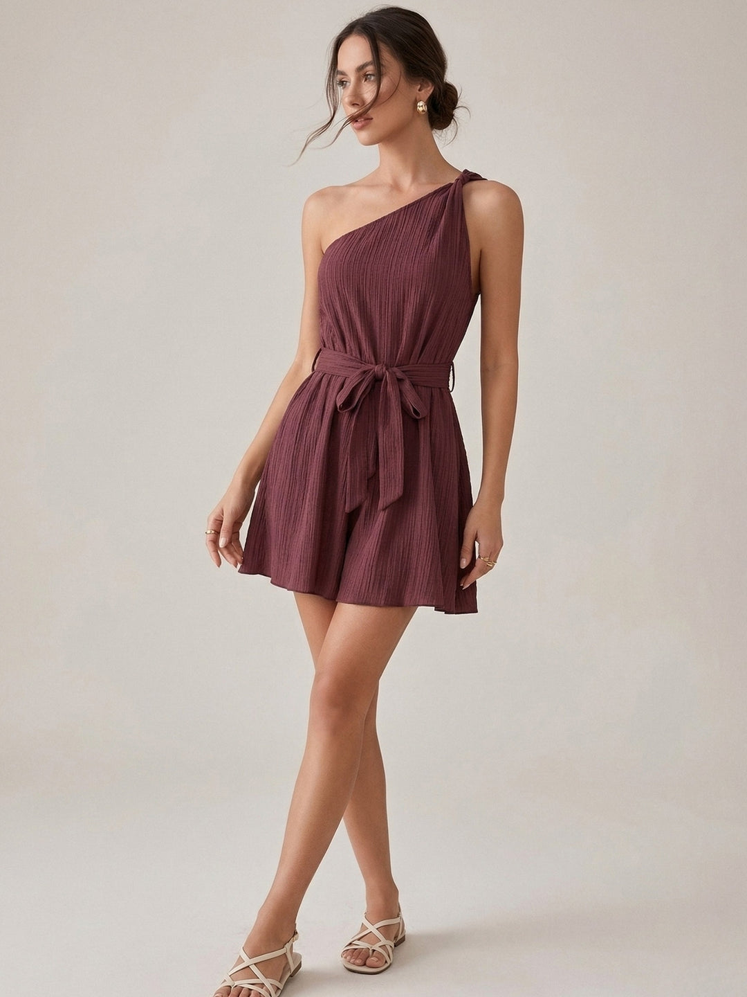 Wine One Shoulder Waist Tie-Up Playsuits