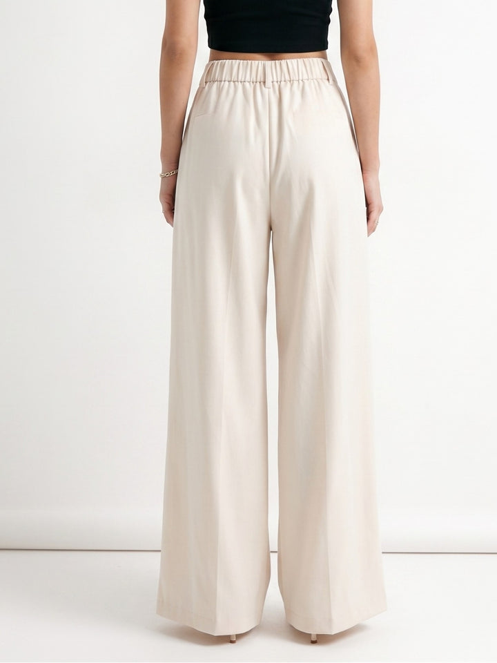 Beige Pleated Solid Trouser
