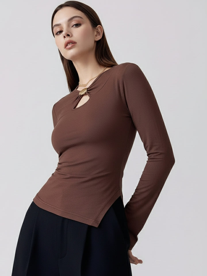 Brown High Neck Metal Detail Top With Bell Sleeves