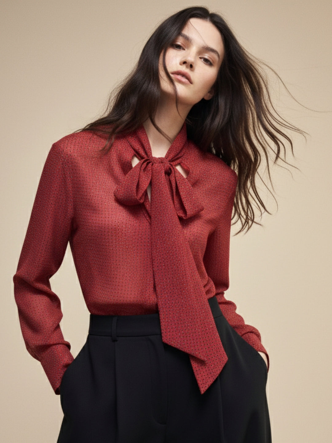 Red Exaggerated Collared Polka Dotted Shirt