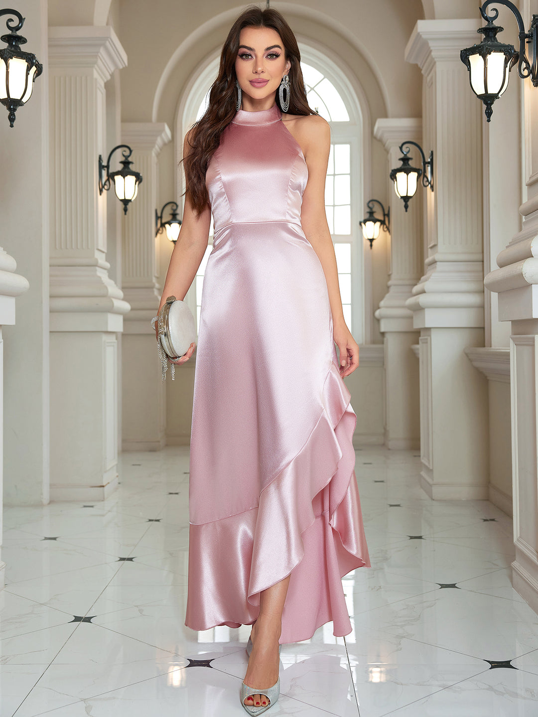 Pink Halter Neck Ruffle Hem Dress