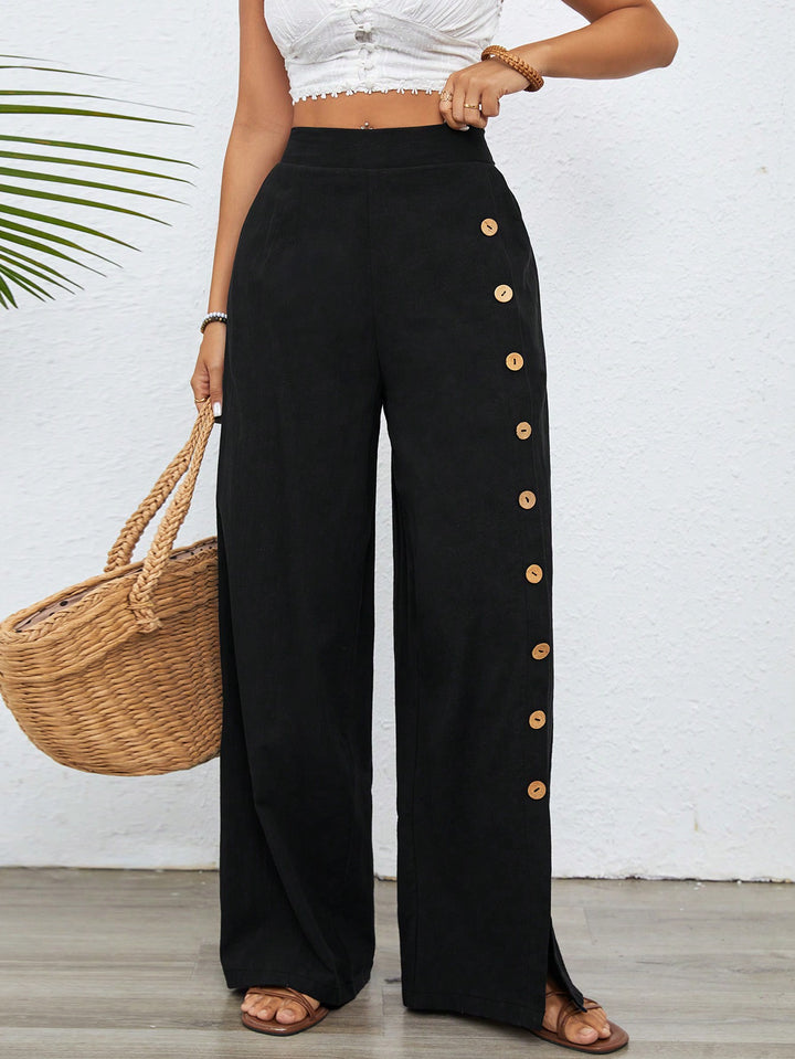 Black Side Button Detailing Pant