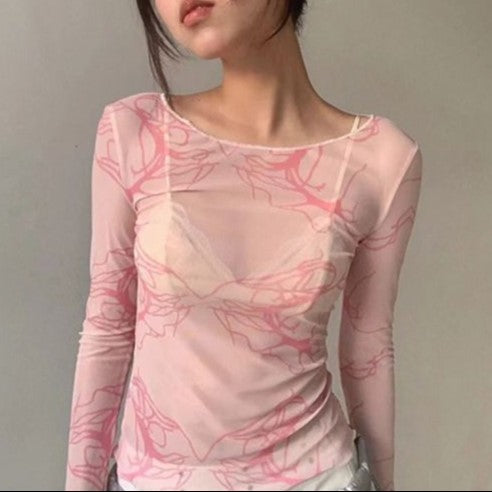 Pink Raw Hem Mesh Top