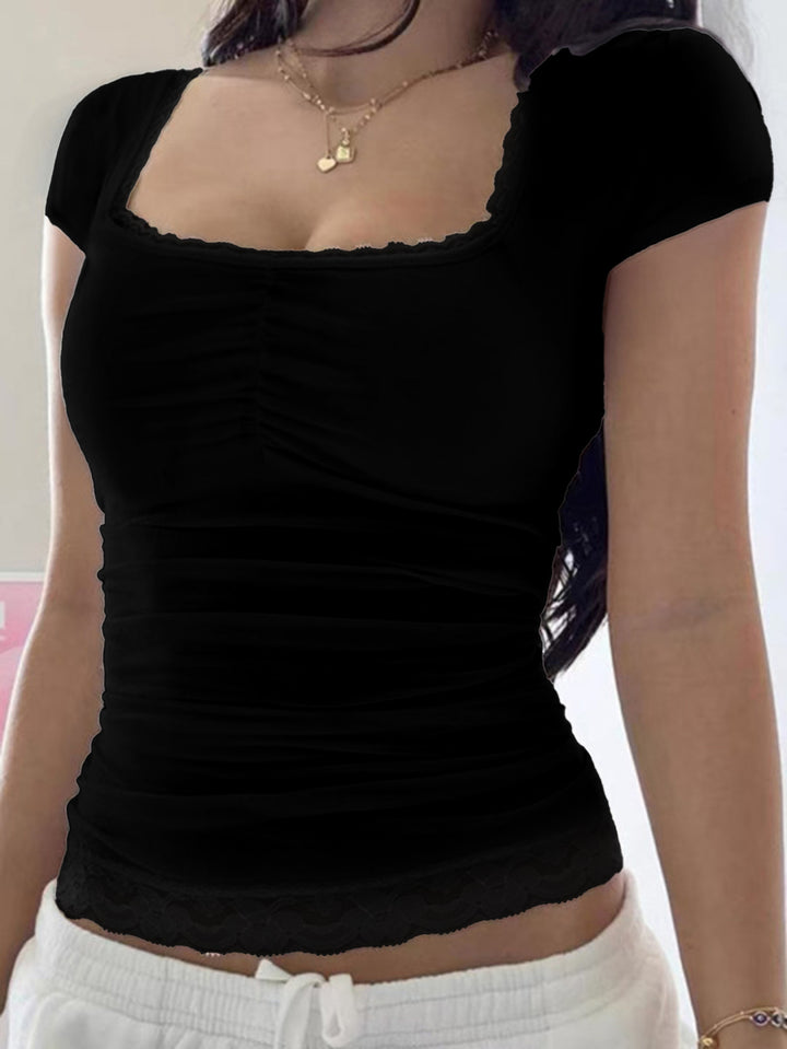 Black Square Neck Top With Lace Inserts