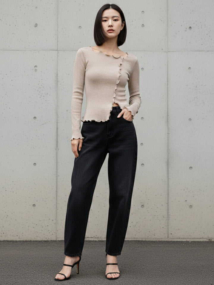 Taupe Full Sleeve Wavy Hem Top