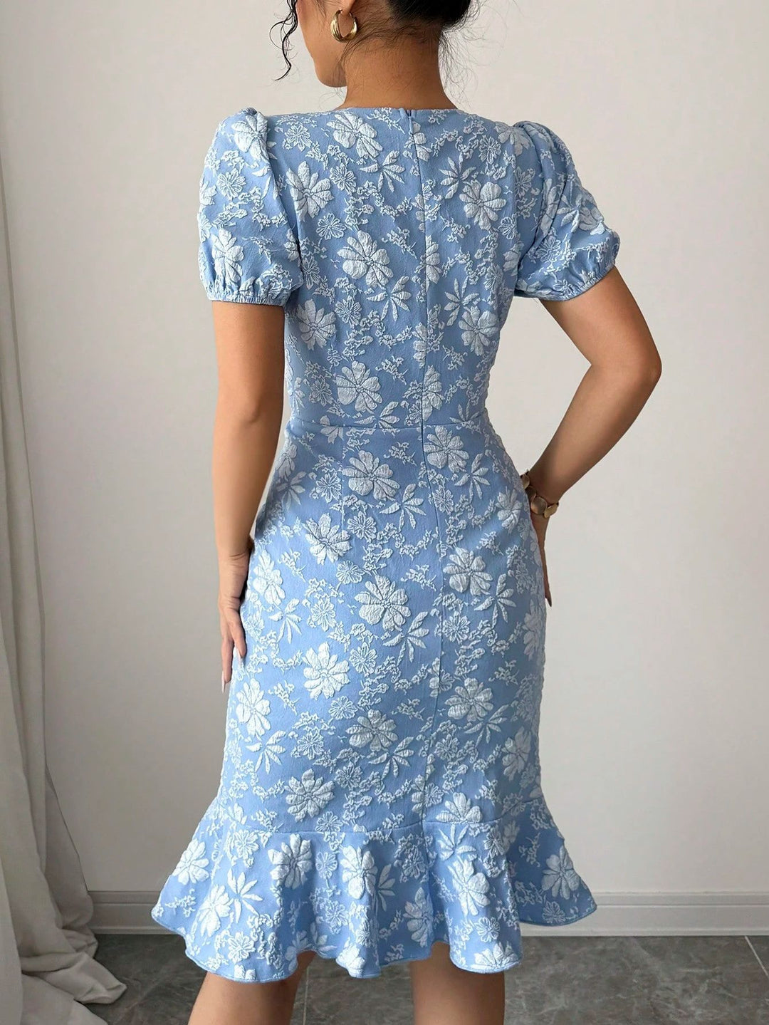 Blue Short Sleeve Ruffle Hem Dress