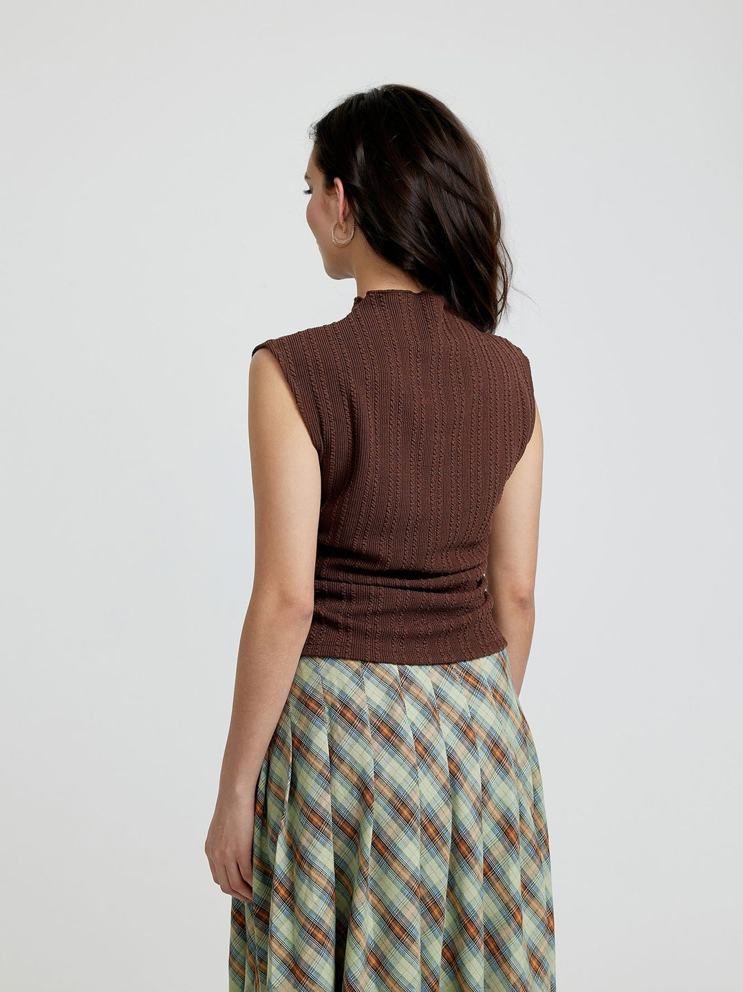 Brown Textured Knit Top With Side Ruching