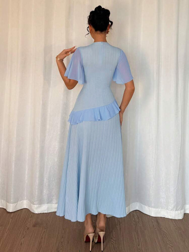 Blue Short Sleeve Frill Attached Dress