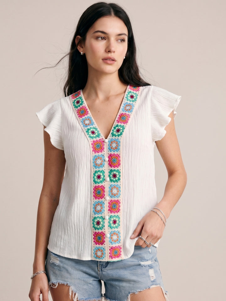 White V Neck Flutter Sleeve Top With Crochet Seam