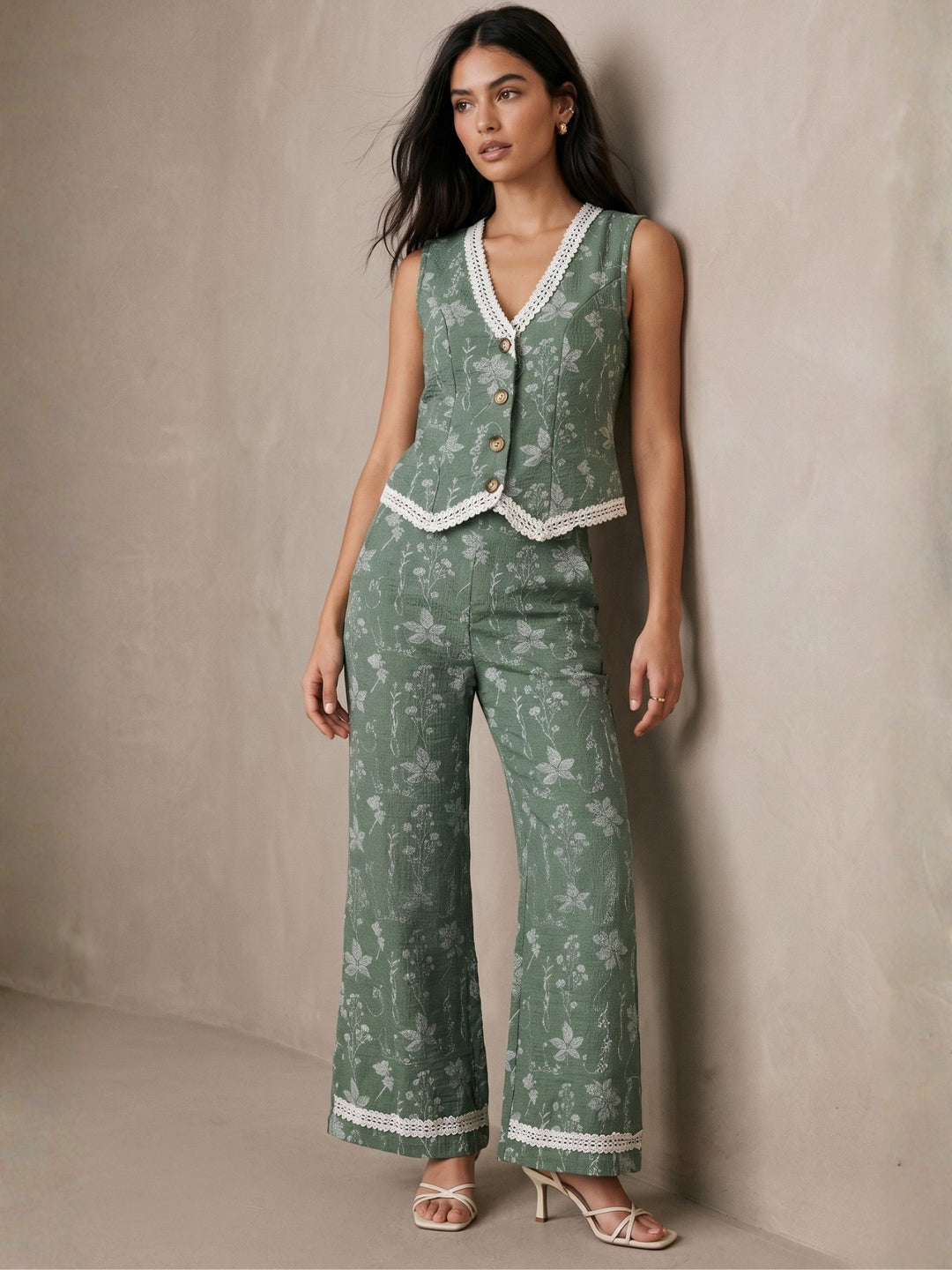 Green V Neck Vest Printed Lace Inserts Top With Trousers Co-Ord Set