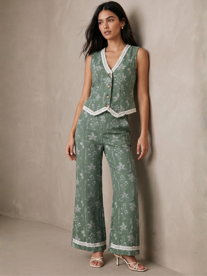 Green V Neck Vest Printed Lace Inserts Top With Trousers Co-Ord Set