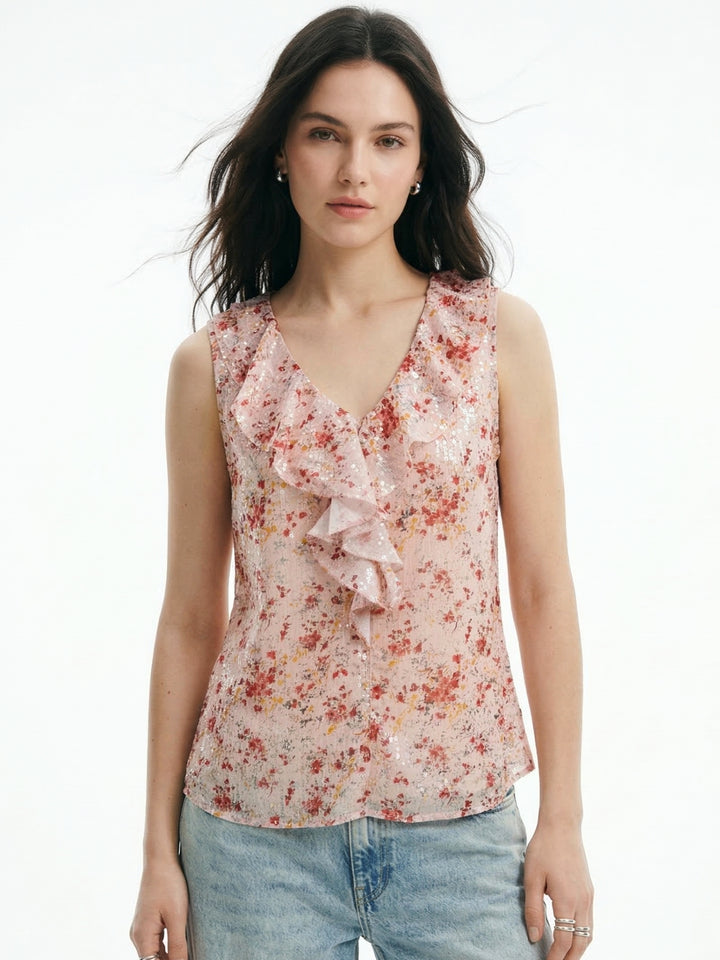 Multi Printed Ruffles At Neck Blouson