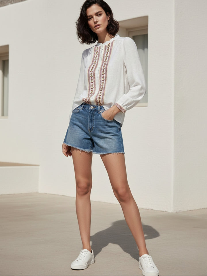 White Full Sleeve Front Buttoned Embroidered Top