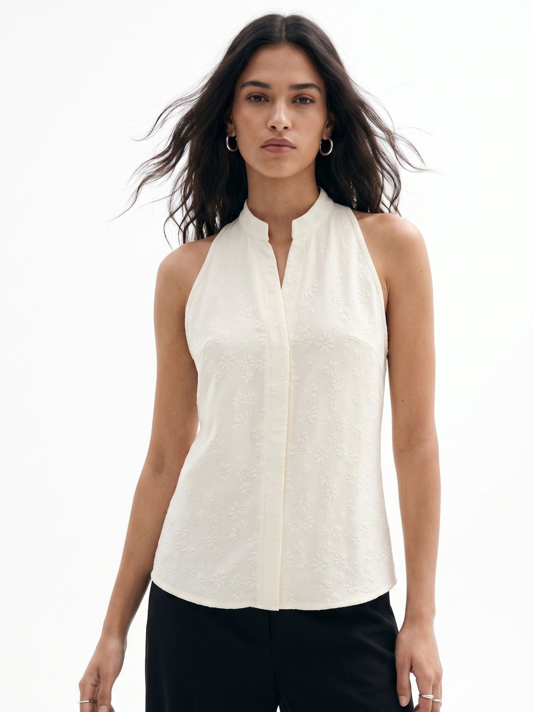 Off White Embroidered Front Buttoned Semi Sheer Top