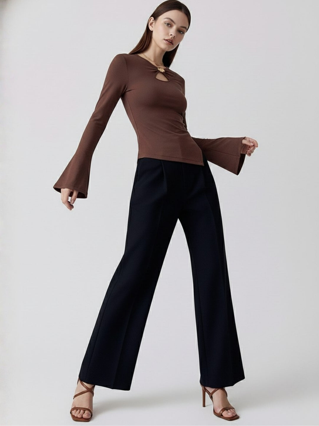 Brown High Neck Metal Detail Top With Bell Sleeves