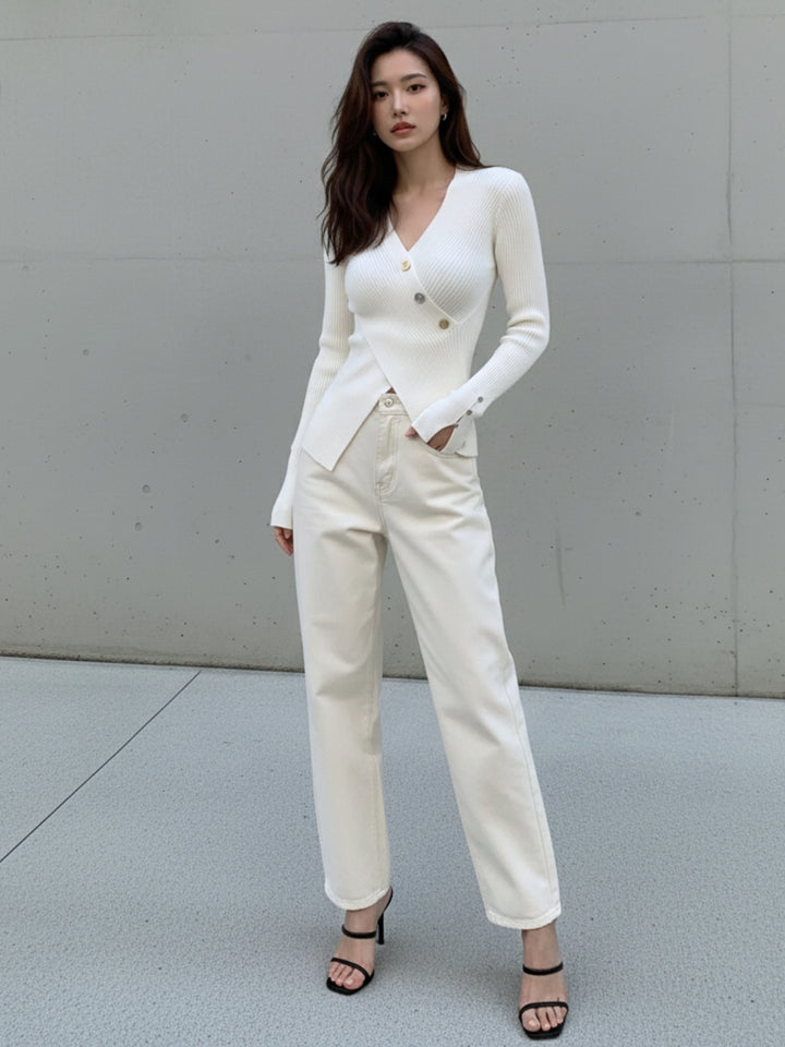 White Full Sleeve Wrap Asymmetrical Hem Top