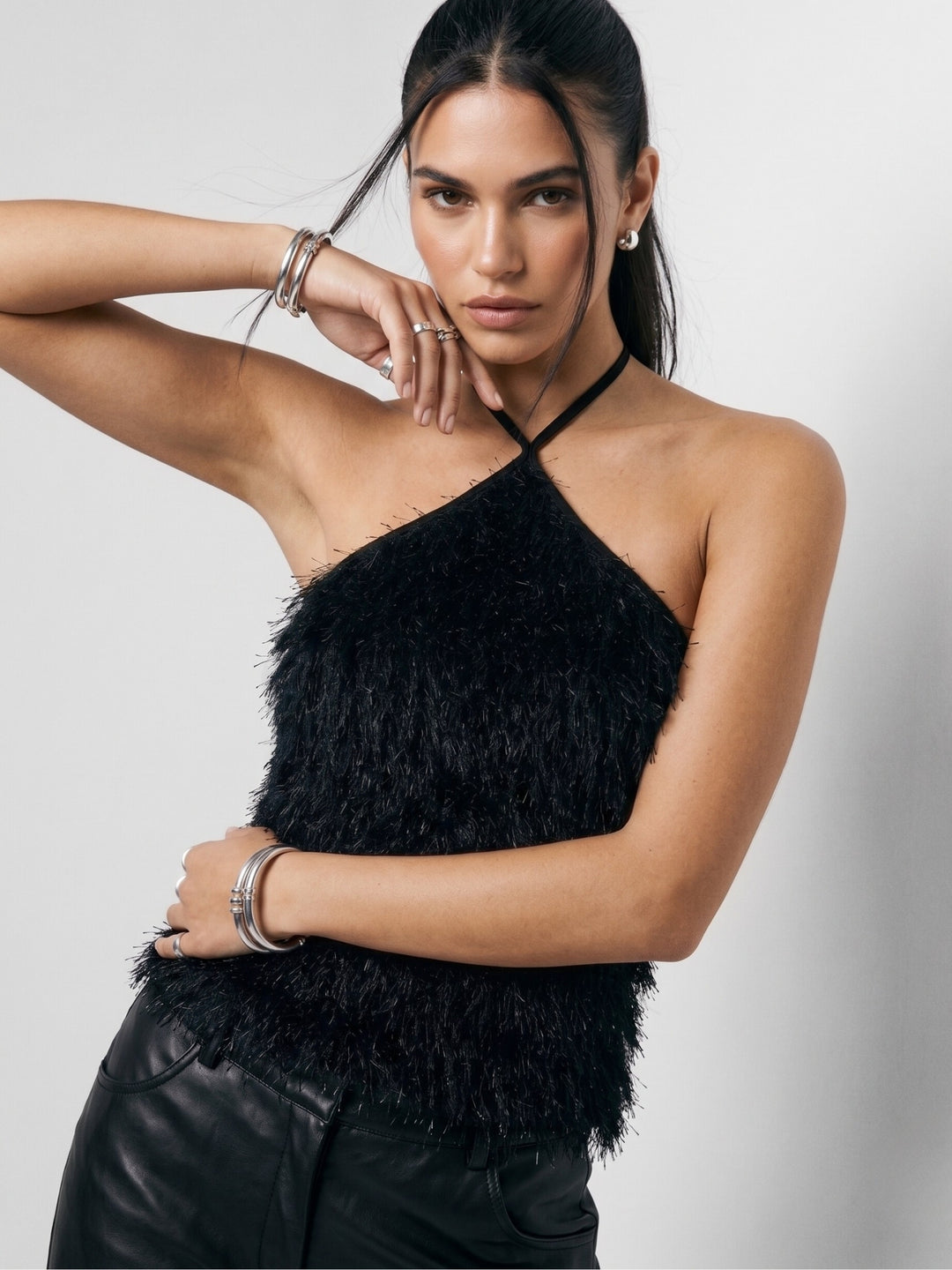 Black Halter Neck Furry Top