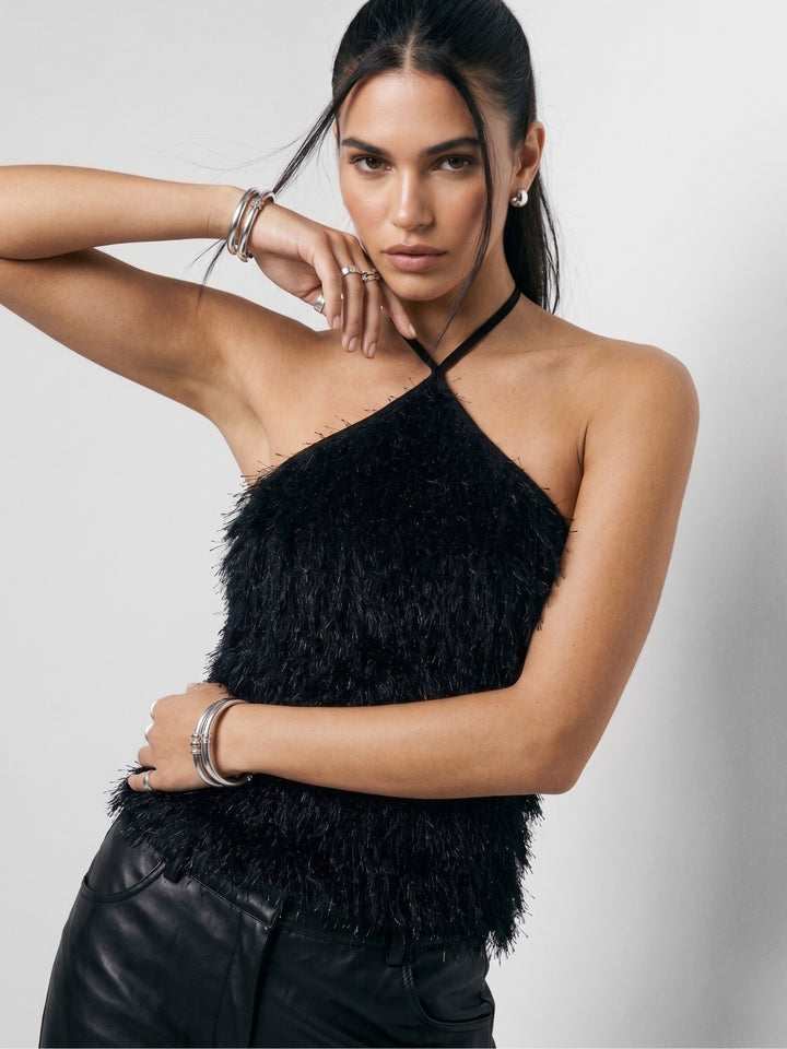 Black Halter Neck Furry Top
