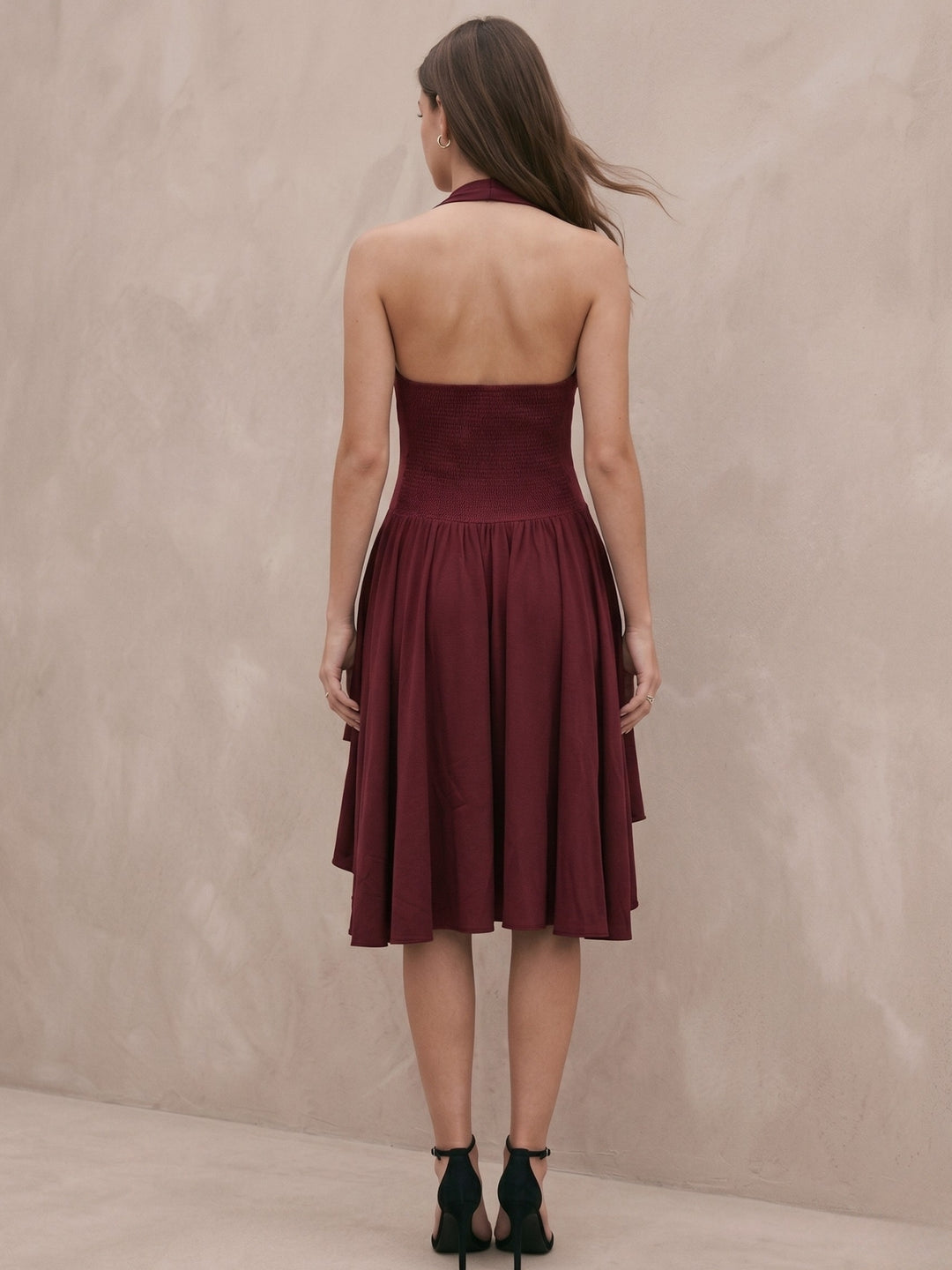 Maroon Cowl Neck Mini Length Dress With Ruffles And Beads Detailing In Textured Rivera Crepe Fabric