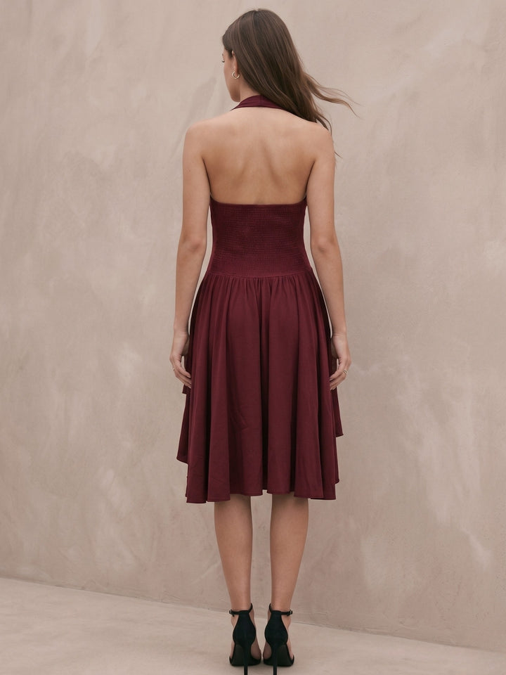 Maroon Cowl Neck Mini Length Dress With Ruffles And Beads Detailing In Textured Rivera Crepe Fabric