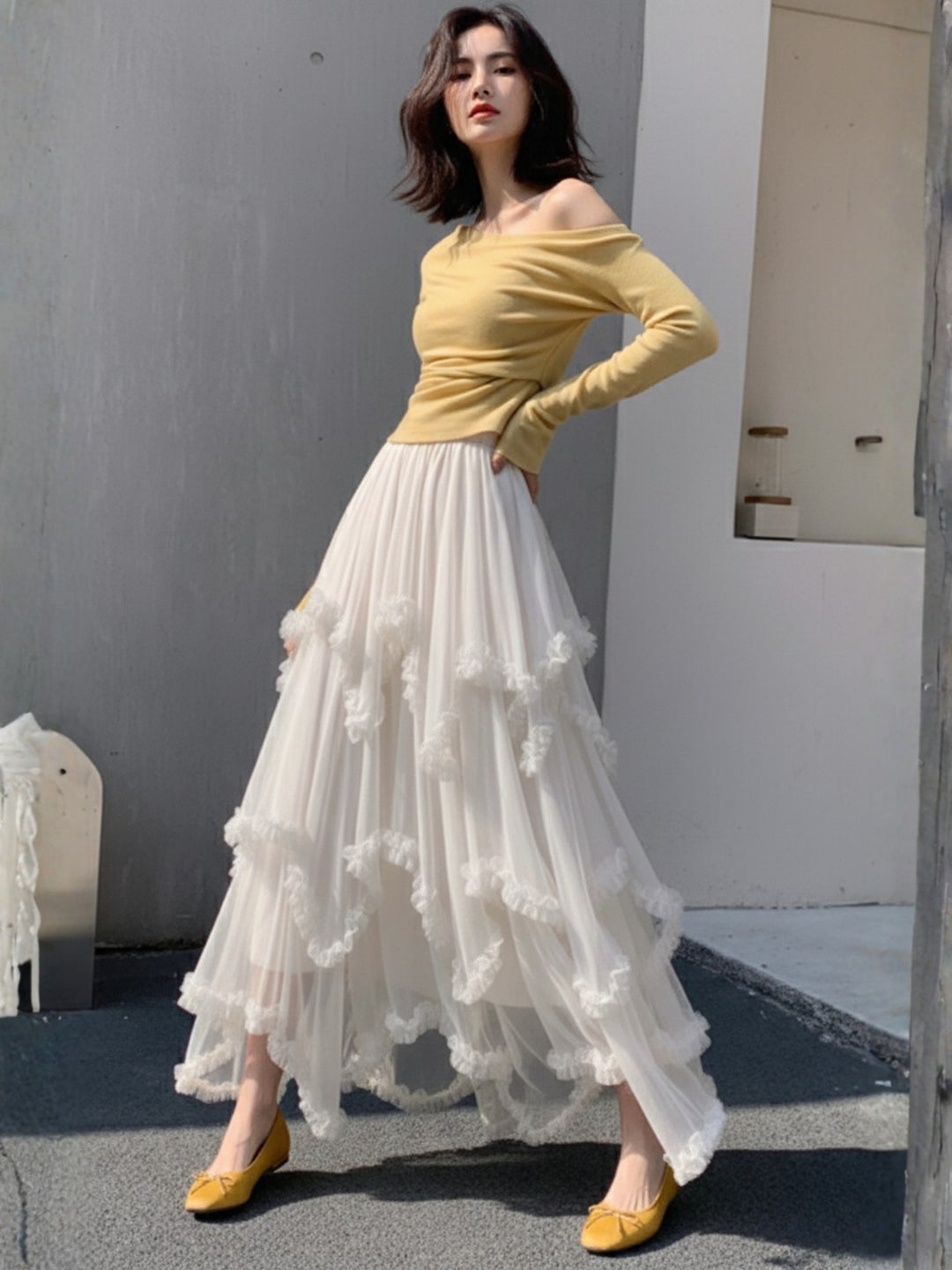 White Asymmetric Ruffled Skirt