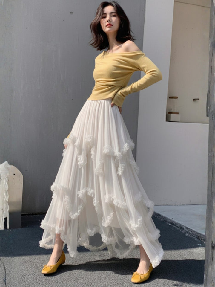 White Asymmetric Ruffled Skirt
