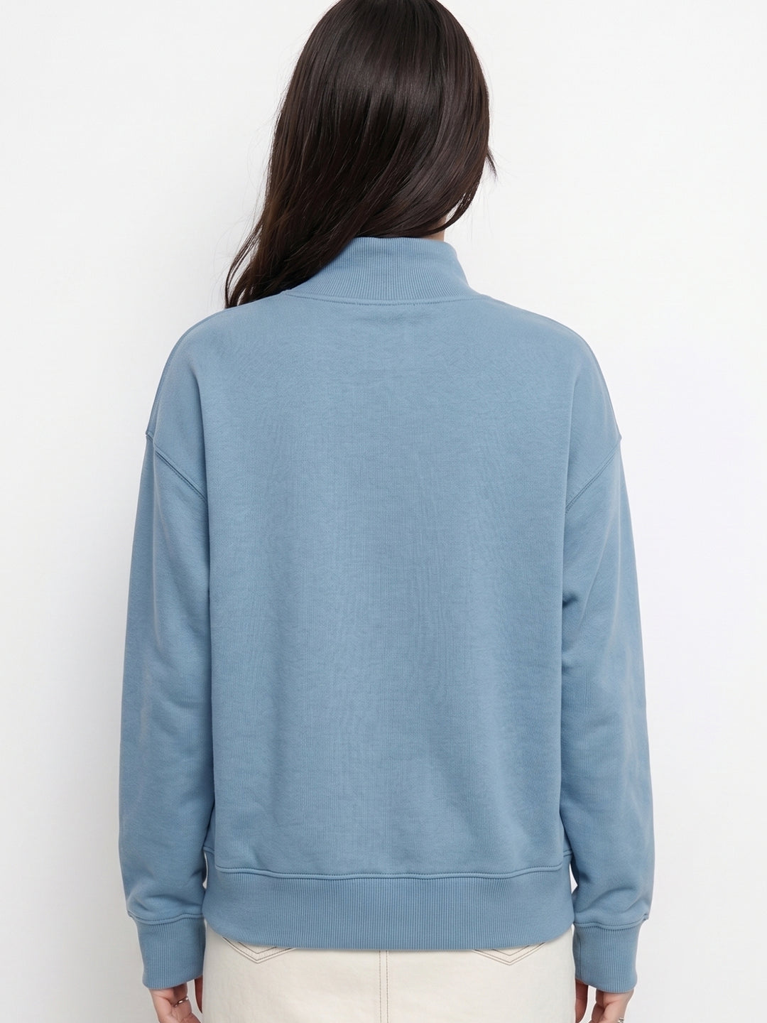 Blue High Neck Relaxed Fit Solid Sweatshirt