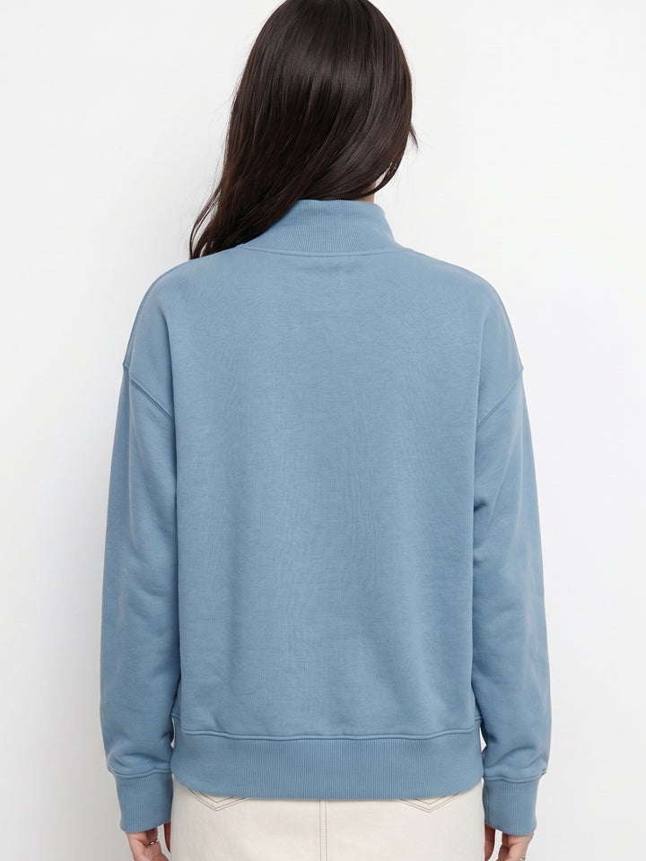 Blue High Neck Relaxed Fit Solid Sweatshirt