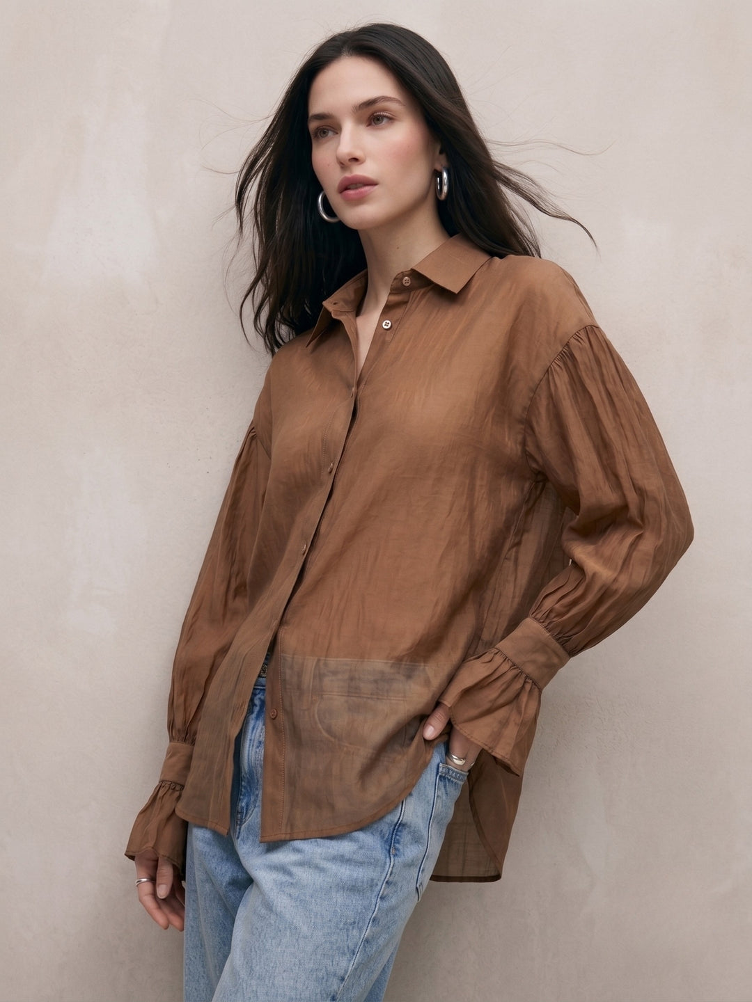 Taupe Flowy Shirt With Cupped Sleeves