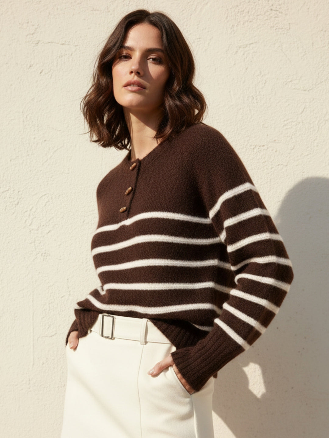 Brown Full Sleeve Striped Sweater