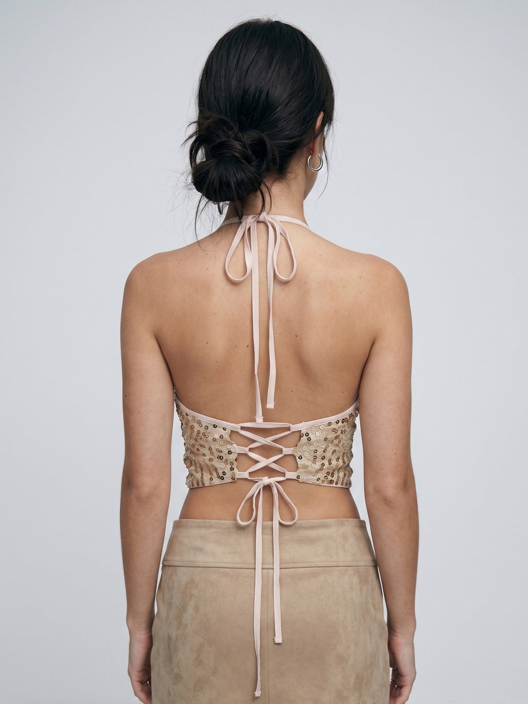 Gold Back Tie-Up Halter Neck Sequined Top