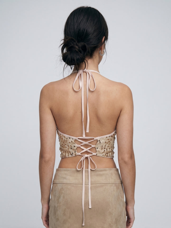 Gold Back Tie-Up Halter Neck Sequined Top