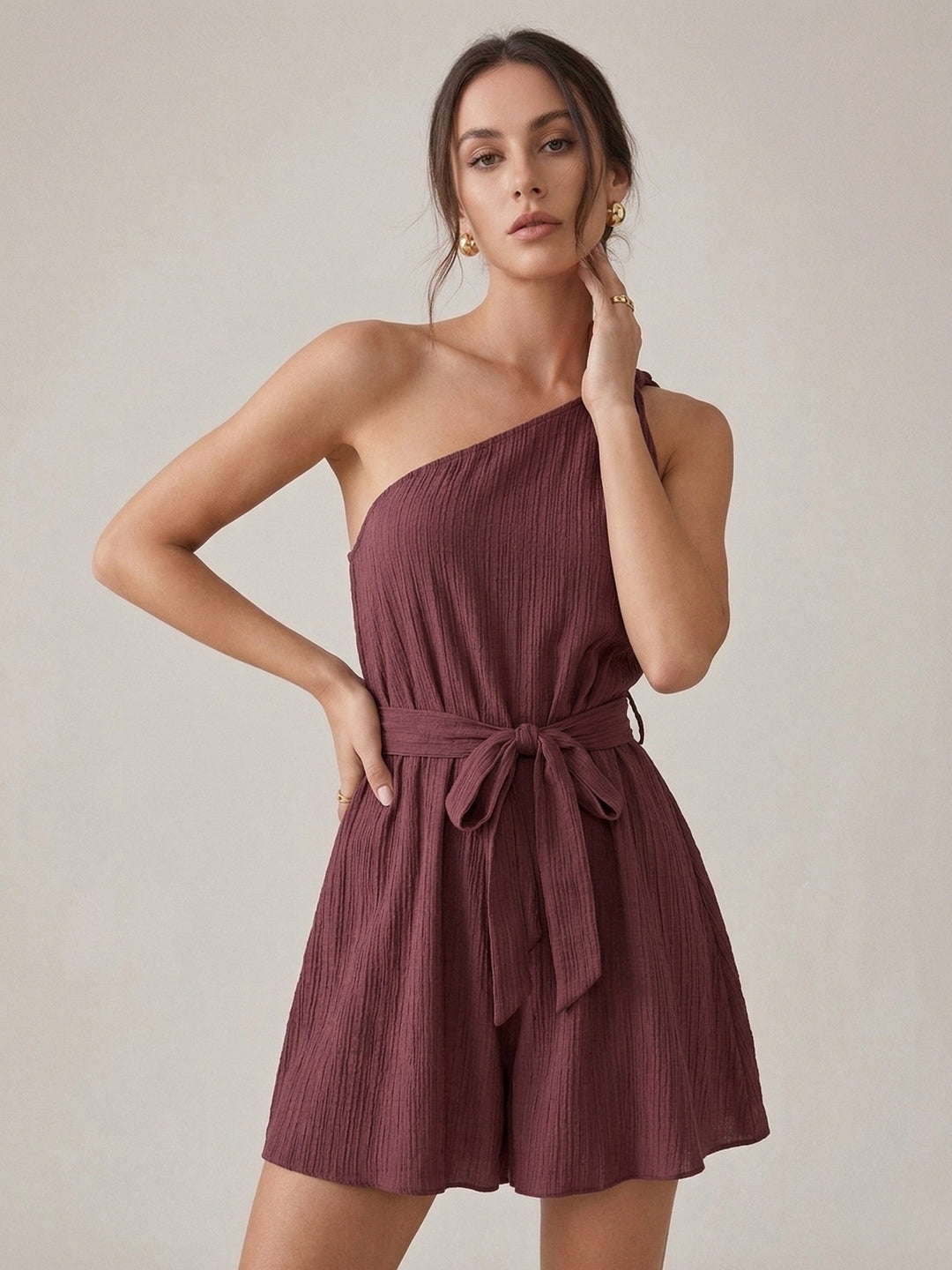 Wine One Shoulder Waist Tie-Up Playsuits