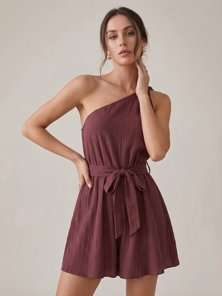 Wine One Shoulder Waist Tie-Up Playsuits