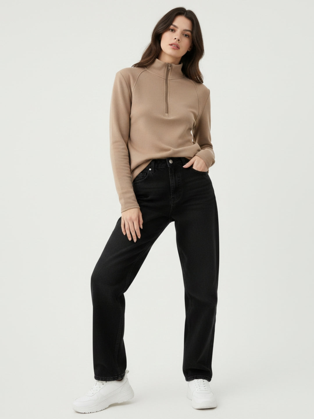 Beige Full Sleeves Half Zip Sweatshirt