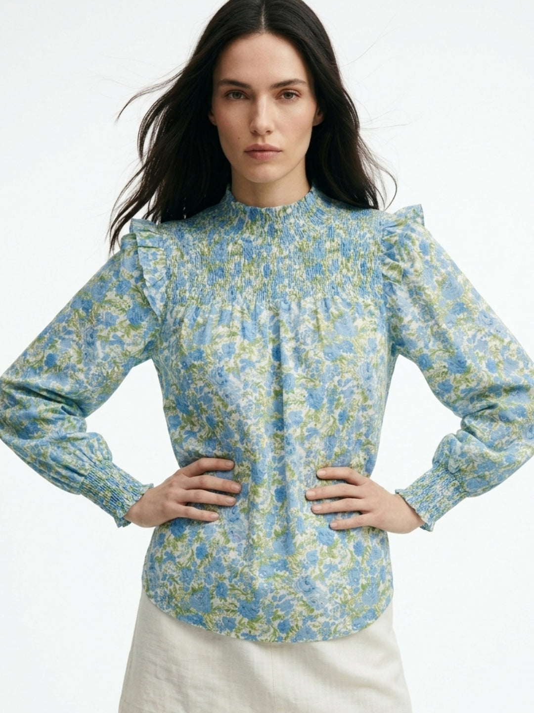 Blue Mock Neck Floral Printed Top