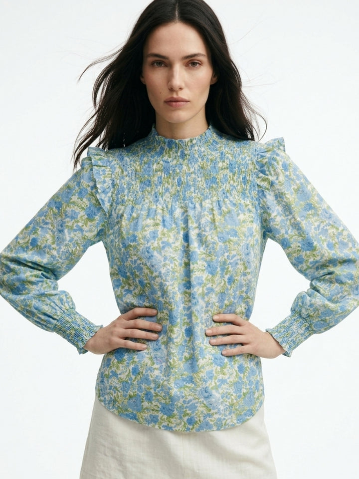 Blue Mock Neck Floral Printed Top