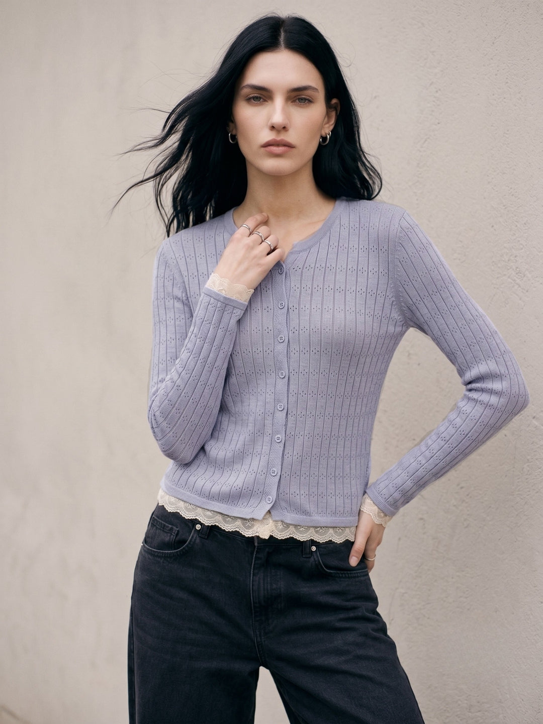 Blue Button Down Top With Lace Inserts At Hem And Sleeves